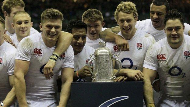 England players celebrate winning the Calcutta Cup against Scotland