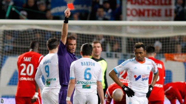 Olympic Marseille midfielder Joey Barton is sent off in his side's defeat by Nancy