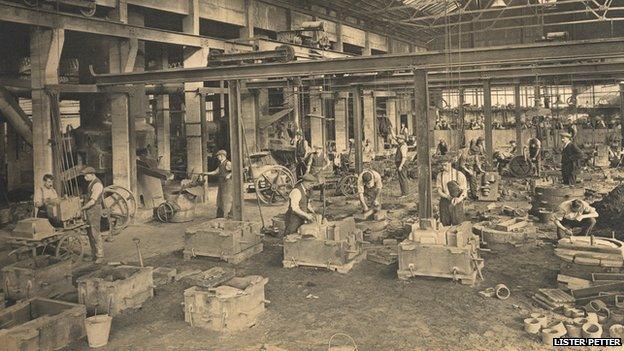 Inside the foundry at the Lister Petter site, Dursley, in the 1920s