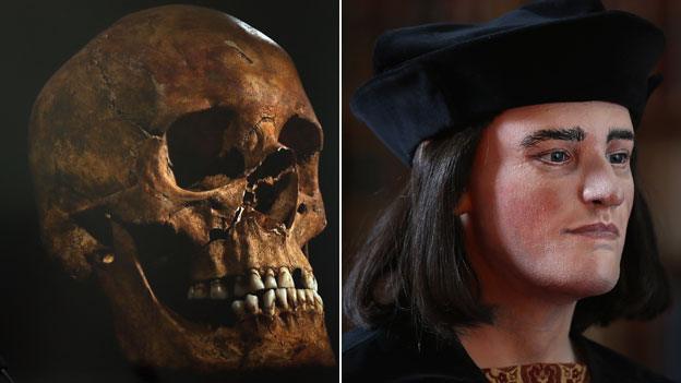 Richard III skull next to facial reconstruction