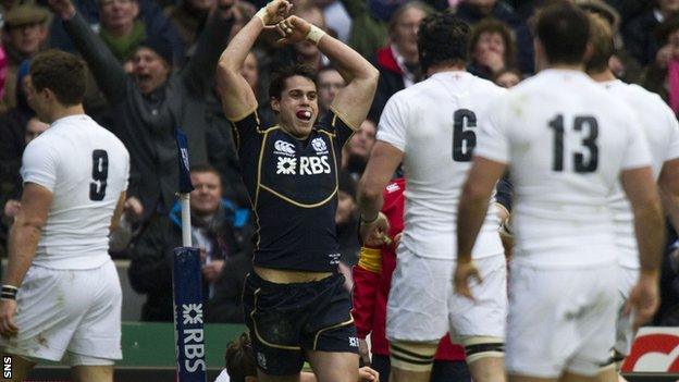 Sean Maitland celebrates his early try for Scotland at Twickenham