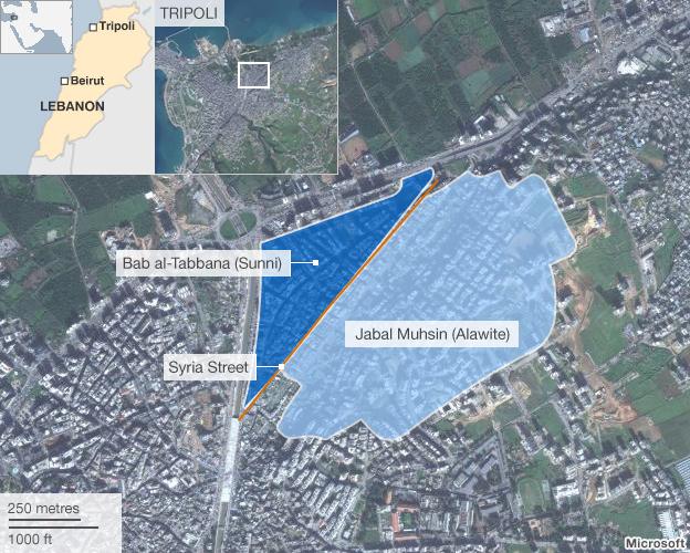 Map showing locations of Bab al-Tabbana and Jabal Muhsin in Tripoli