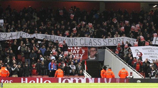 Liverpool supporters protest at ticket prices during the Premier League match at Arsenal on 30 January