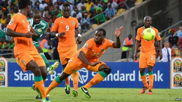 Nigerian forward Sunday Mba kicks a ball to score a goal during the African Cup of Nation 2013 quarter final football match against Ivory Coast in Rustenburg, South Africa - 3 February 2013