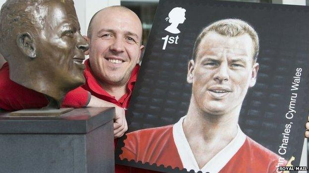 Gary Richards, former Swansea City star and now a postman, with the John Charles stamp