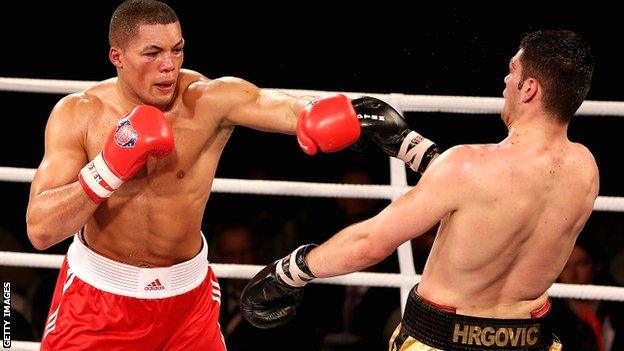 Joe Joyce of the British Lionhearts en route to victory over Filip Hrgovic