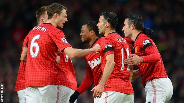 Manchester United's Ryan Giggs (11) is congratulated by his team-mates