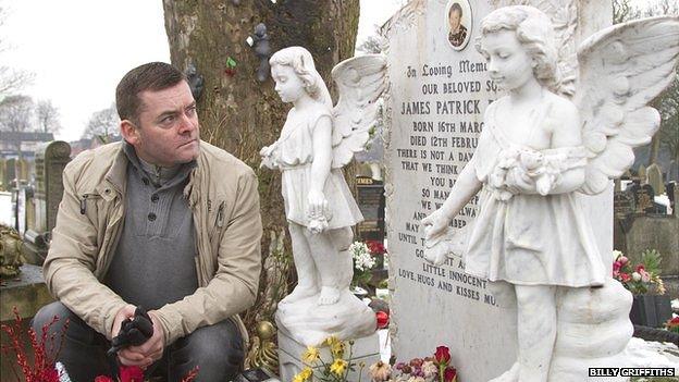 Ralph Bulger at the graveside of his son, James