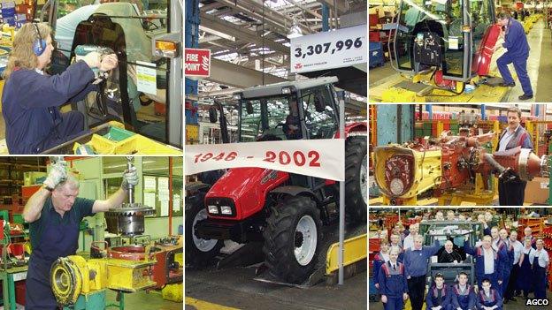 Workers construct the last tractor at Massey Ferguson's Banner Lane factory in Coventry