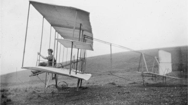 Christopher Howard Carlyon at the helm of his 22ft wingspan glider on Coedcae field