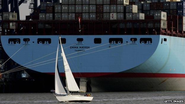 A small yacht in front of Emma Maersk at Felixstowe, 2006