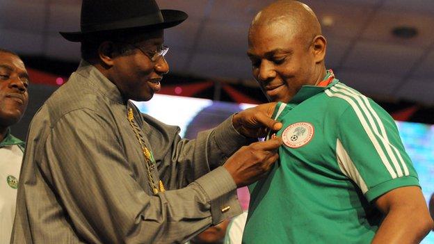 Nigeria President Goodluck Jonathan and Nigeria nations football coach Stephen Keshi