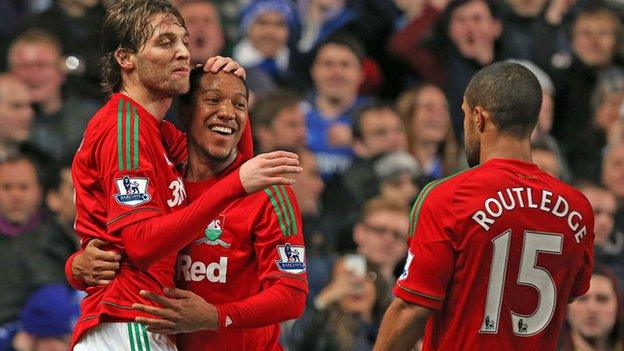 Swansea City's Michu celebrates a goal against Chelsea