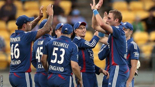 England captain Stuart Broad celebrates a wicket in Wellington