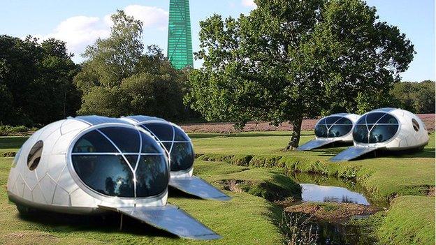 Futuristic picture of transport pods in field