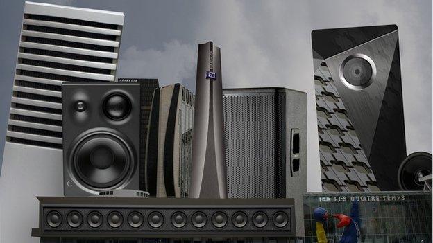 Cityscape picture showing audio equipment instead of buildings