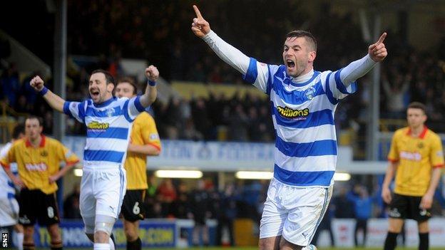 Peter MacDonald celebrates scoring for Morton against Partick Thistle