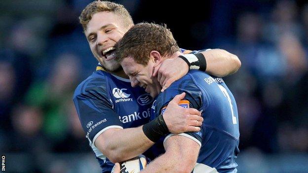 Ian Madigan congratulates Sean Cronin after the Leinster hooker scored a try in the win over Treviso