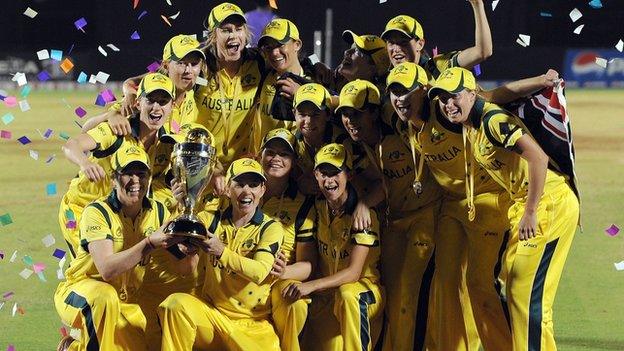 Australia celebrate with the World Cup trophy