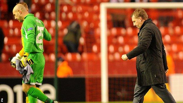 Brendan Rodgers walking off the pitch after Liverpool were knocked out by Zenit