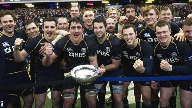 The Scotland team celebrate their win over Ireland