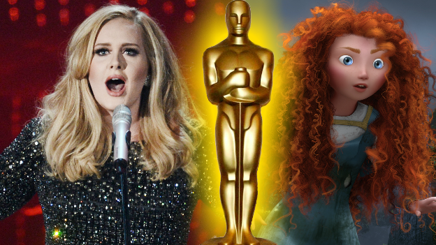 A picture of Adele next to a still from the Disney film Brave with an Oscar statue superimposed.