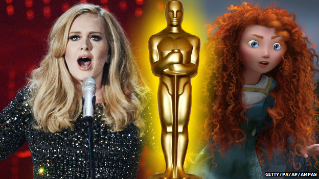 A picture of Adele next to a still from the Disney film Brave with an Oscar statue superimposed.