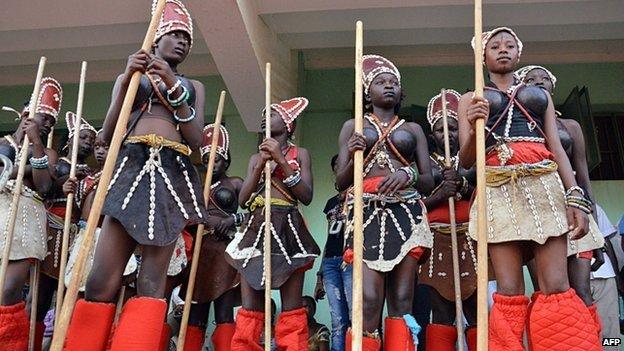 Dancers prepare on February 23, 2013 for the opening ceremony of the Pan African Film and Television Festival of Ouagadougou (FESPACO) at the 4-Aout stadium in Burkina Faso"s desert capital Ouagadougou.