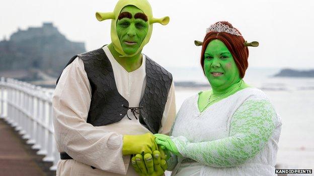 Paul and Heidi dressed up as Shrek and Fiona