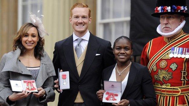 Jessica Ennis, Nicola Adams and Greg Rutherford with their MBEs