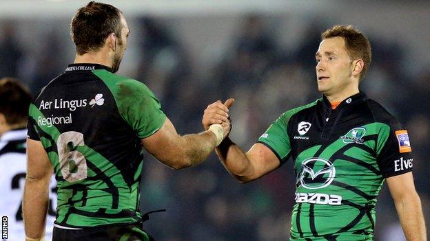 Dan Parks with John Muldoon after the final whistle in Galway