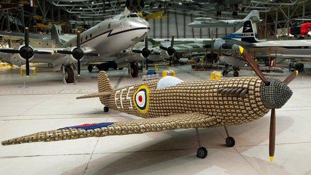 Life size model of a Spitfire created out of egg boxes