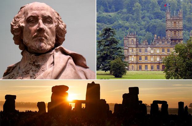 Shakespeare statue, Highclere castle and Stonehenge at sunrise