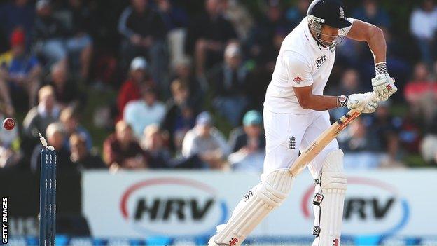 Nick Compton is bowled by Tim Southee without scoring