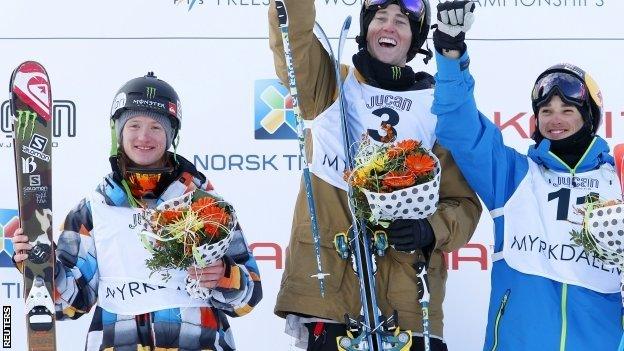 James Woods (left) joins American Thomas Wallisch and Nicholas Goepper on the podium in Norway