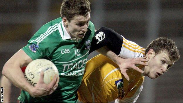 Eoin Donnelly battles with Antrim's Justin Crozier during the recent League clash