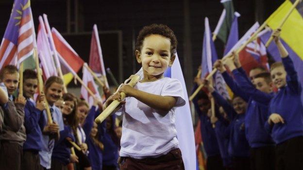 Two-year-old Otis Bazie during the unveiling of the 2014 Commonwealth Games international route for Queen"s Baton Relay at the Emirates Arena in Glasgow.