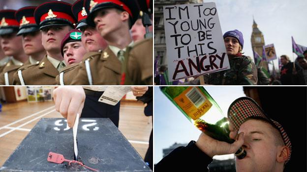 Teen soldiers, protestors, voter, drinker