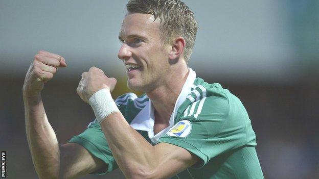 Dean Shiels celebrates scoring against Luxembourg last September