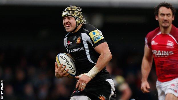 Jack Nowell celebrates his first Premiership try against London Welsh