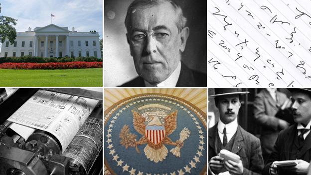 White House, Woodrow Wilson, shorthand, reporters, Oval Office seal, printing press