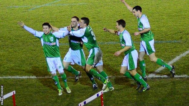 Guernsey FC celebrate making the FA Vase semi-finals