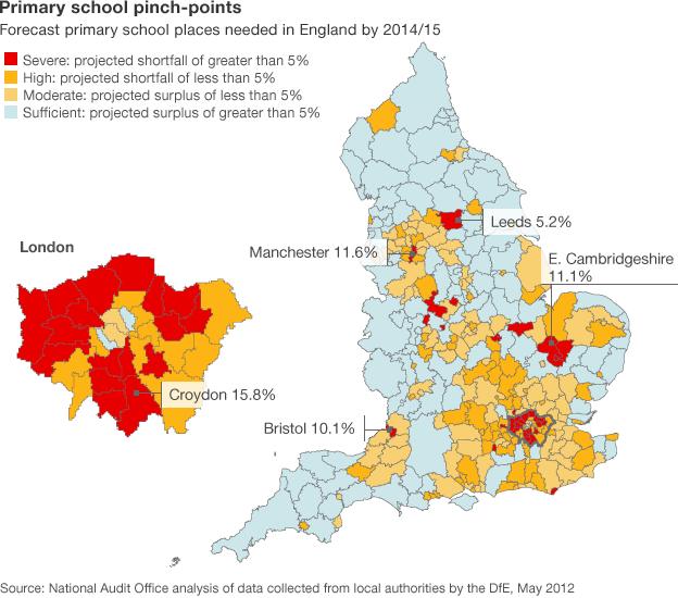 Map showing primary school place shortfall / surplus in English local authoritiees