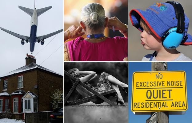 From left to right, clockwise: Plane flying low over a house, woman holding her ears, small child with headphones, a 'keep quiet' sign, woman on deckchair with hands over ears