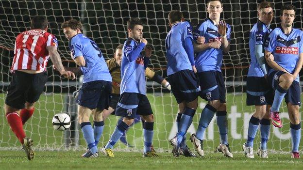 Rory Patterson scores his third goal against UCD