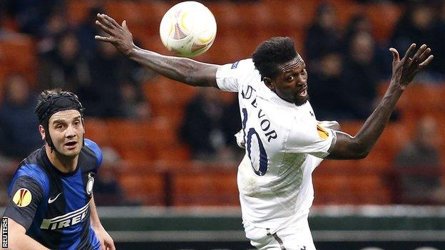 Inter Milan's Cristian Chivu and Tottenham's Emmanuel Adebayor pictured during the game in Milan