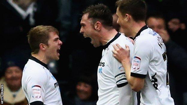 Richard Keogh [centre] is congratulated after his first-half goal