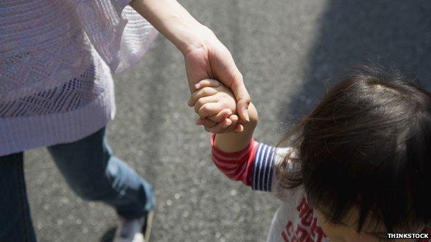 Mother holding child's hand