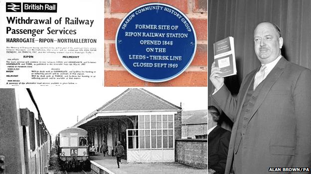 Rail closure poster/Ripon station blue plaque/train at Ripon station/Dr Beeching