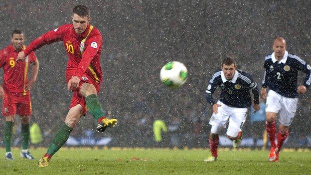 Aaron Ramsey scores for Wales against Scotland.